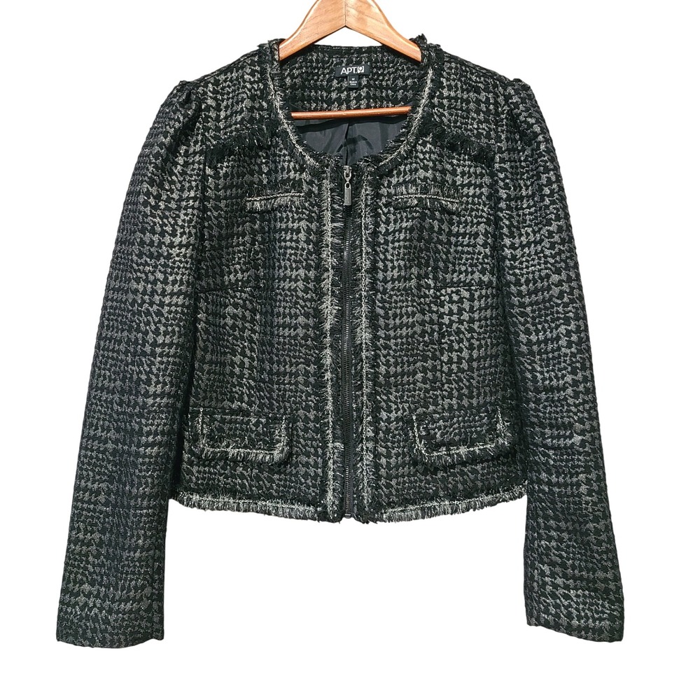 Apt 9 Womens Black Silver Metallic Houndstooth Cropped Frayed Hem Jacket Size M